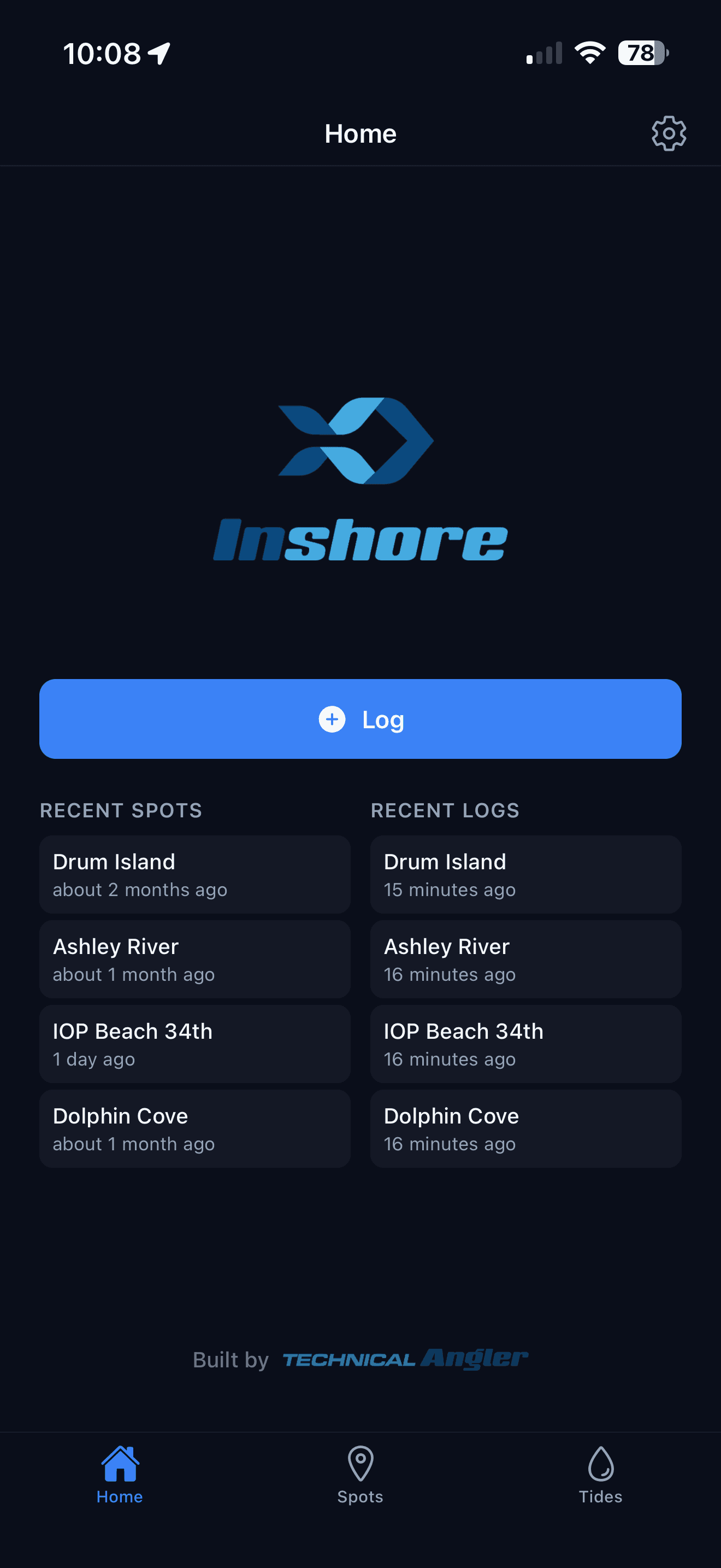 Inshore inshore-fishing app — private spot logging on the map view (dark mode)
