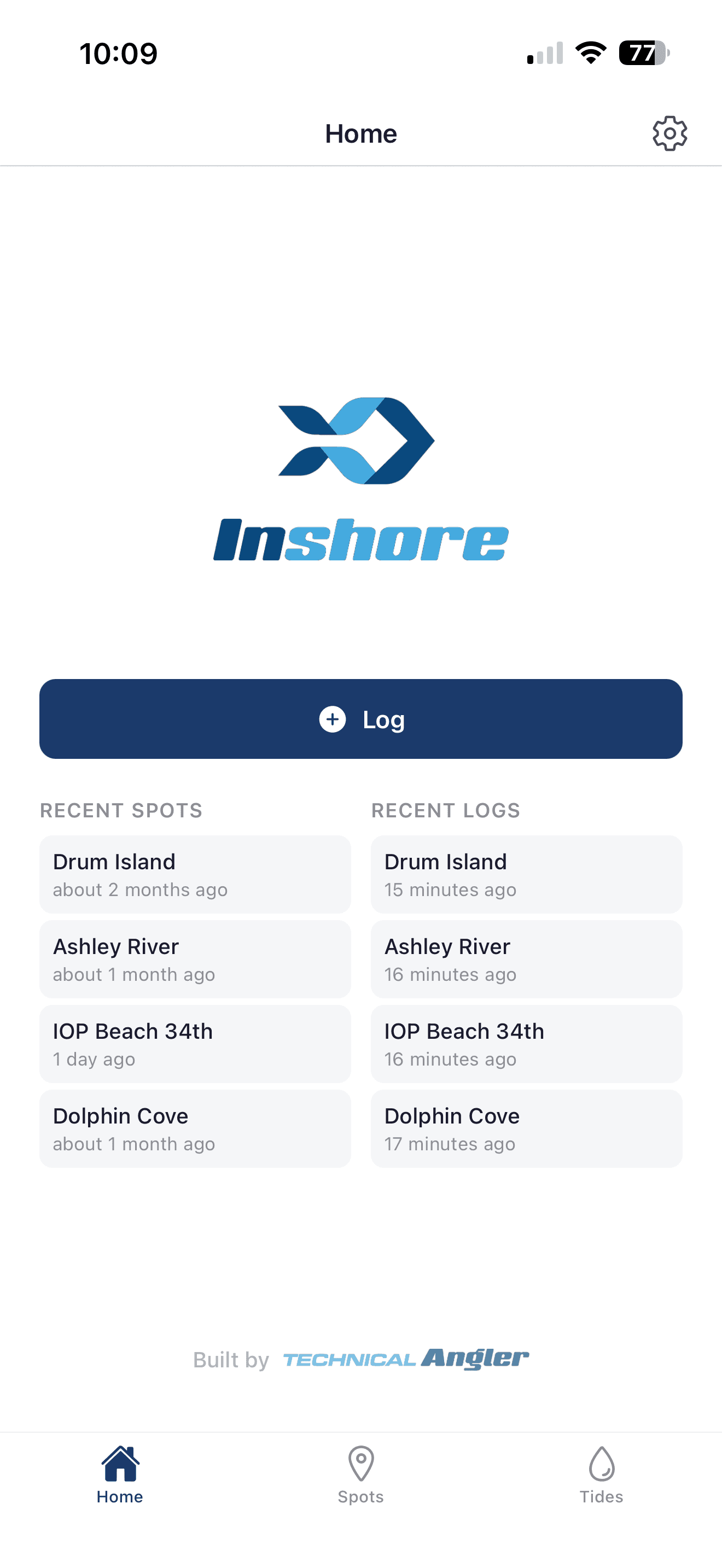 Inshore inshore-fishing app — private spot logging on the map view (light mode)