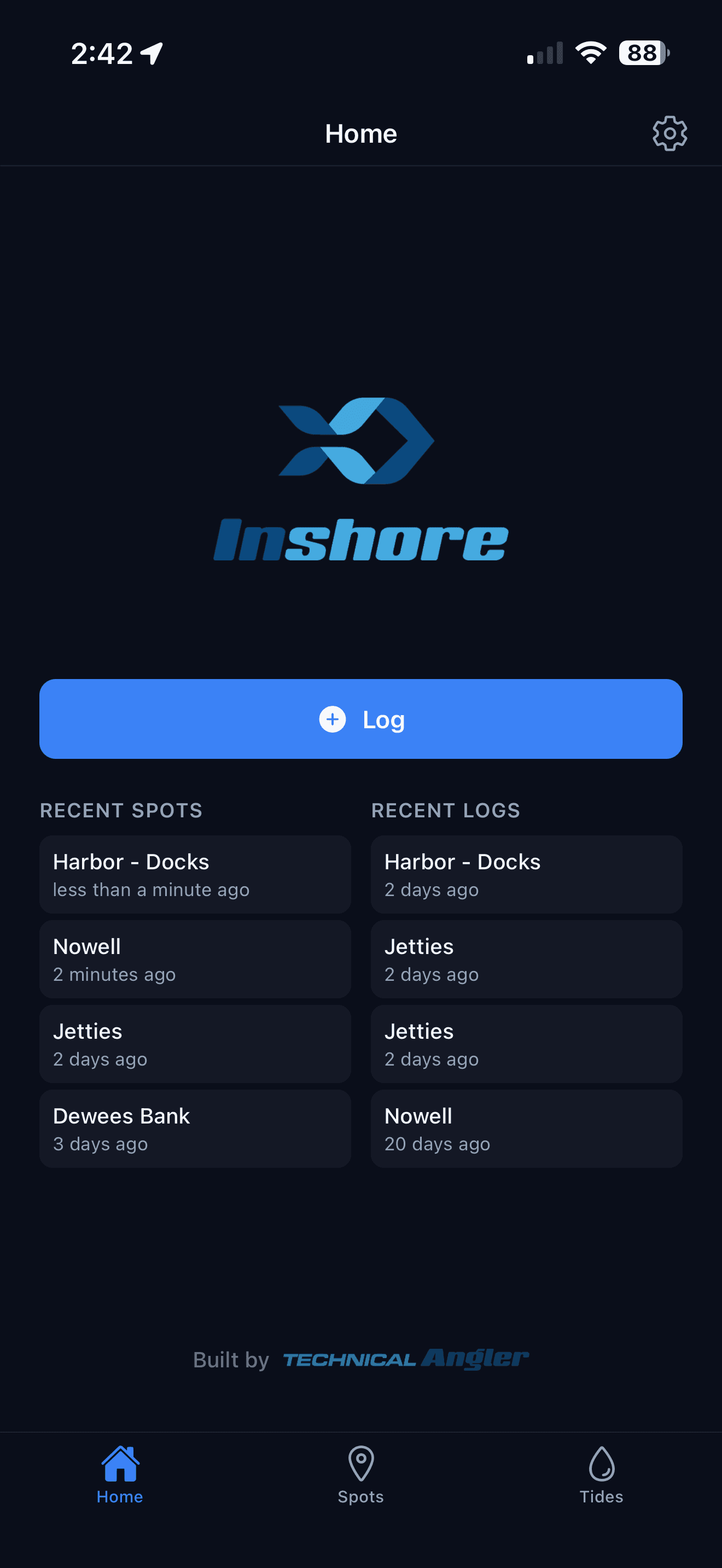 Inshore home screen with the Log button above lists of recent spots and recent logs