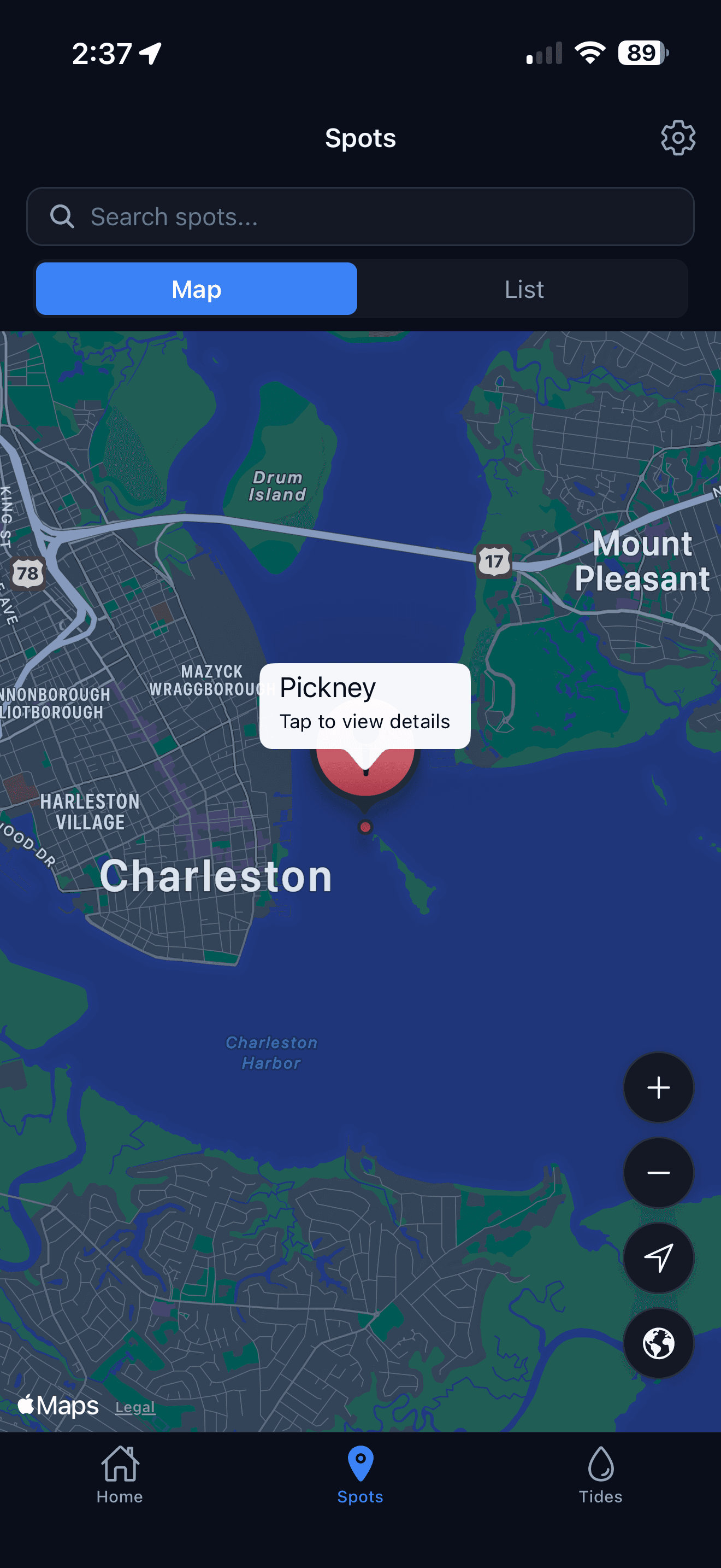 Inshore Spots tab showing saved fishing spots as pins on a map of Charleston Harbor