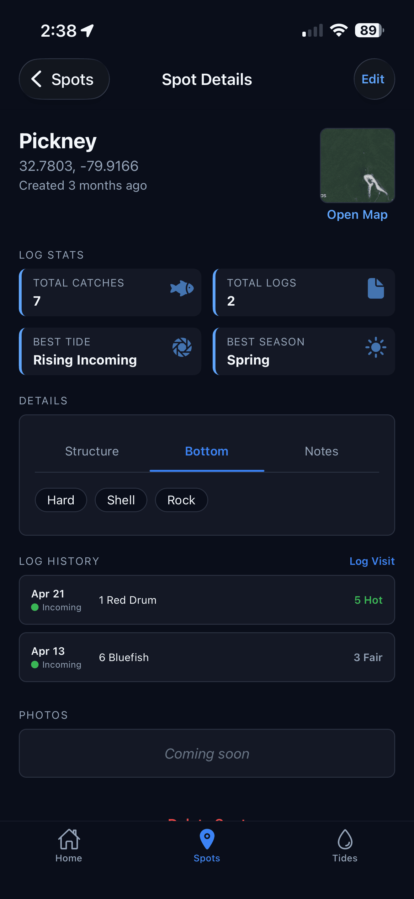 Inshore spot details screen with total catches, total logs, best tide and best season stats above the log history
