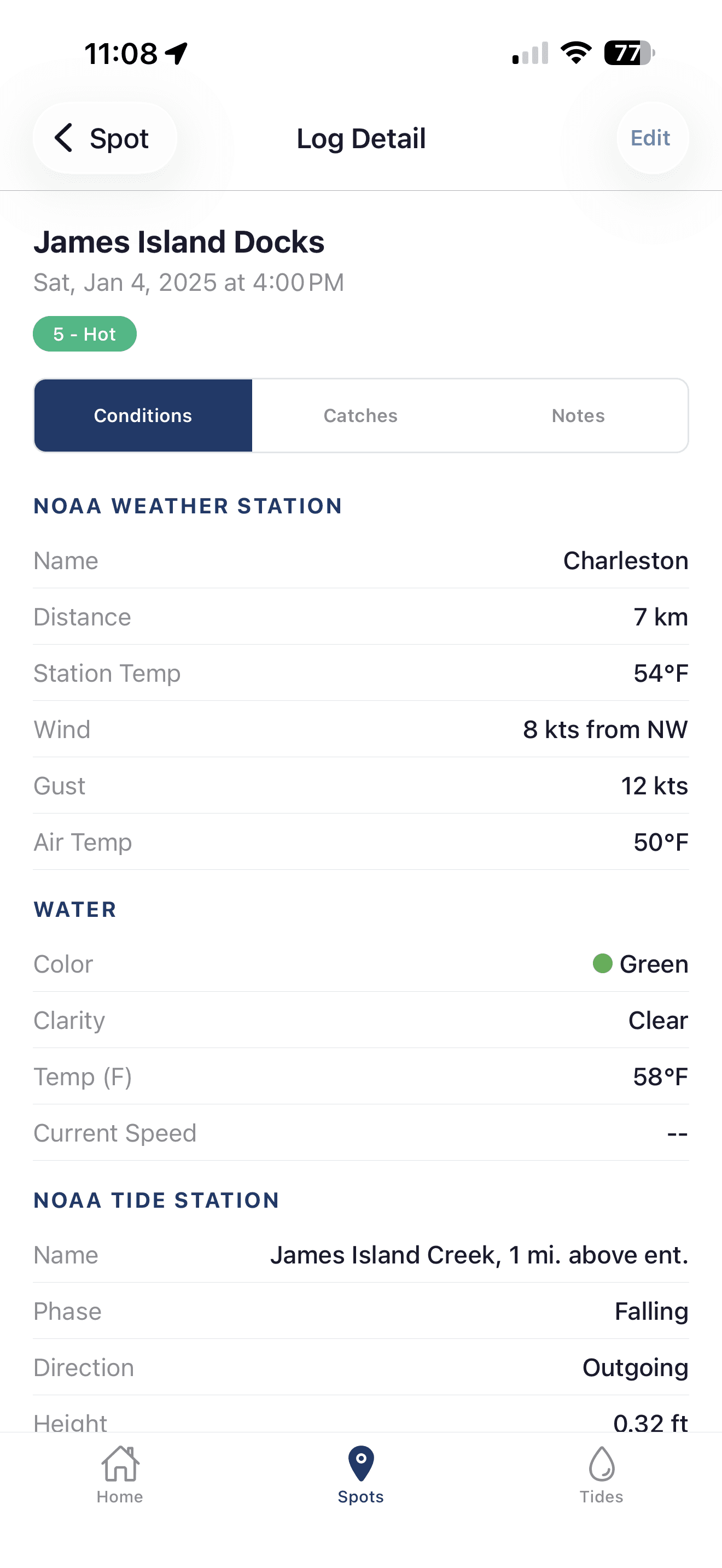 Inshore log detail screen listing the conditions captured for a trip: weather station, wind, water temperature and tide station