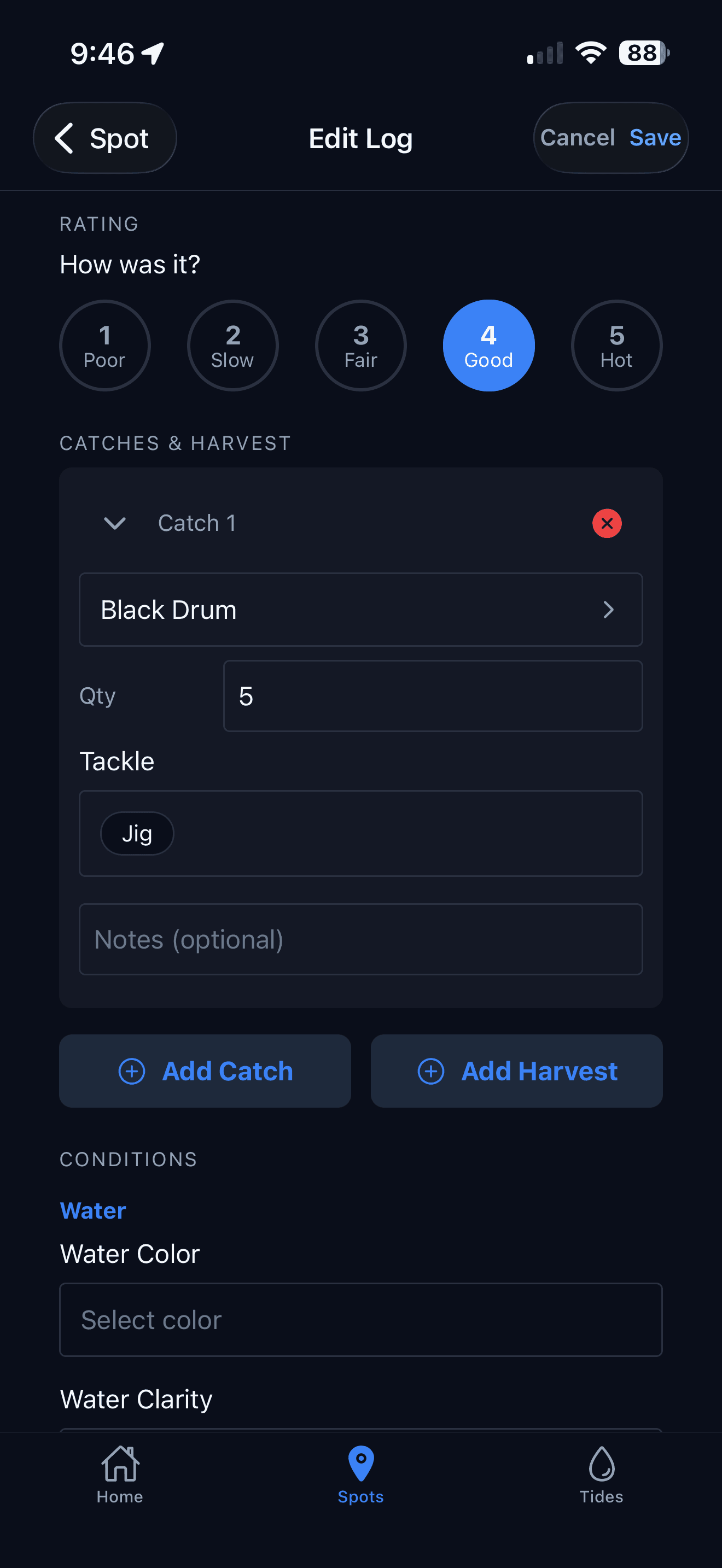 Inshore edit log screen with a catch entry for black drum tagged with the jig it was caught on