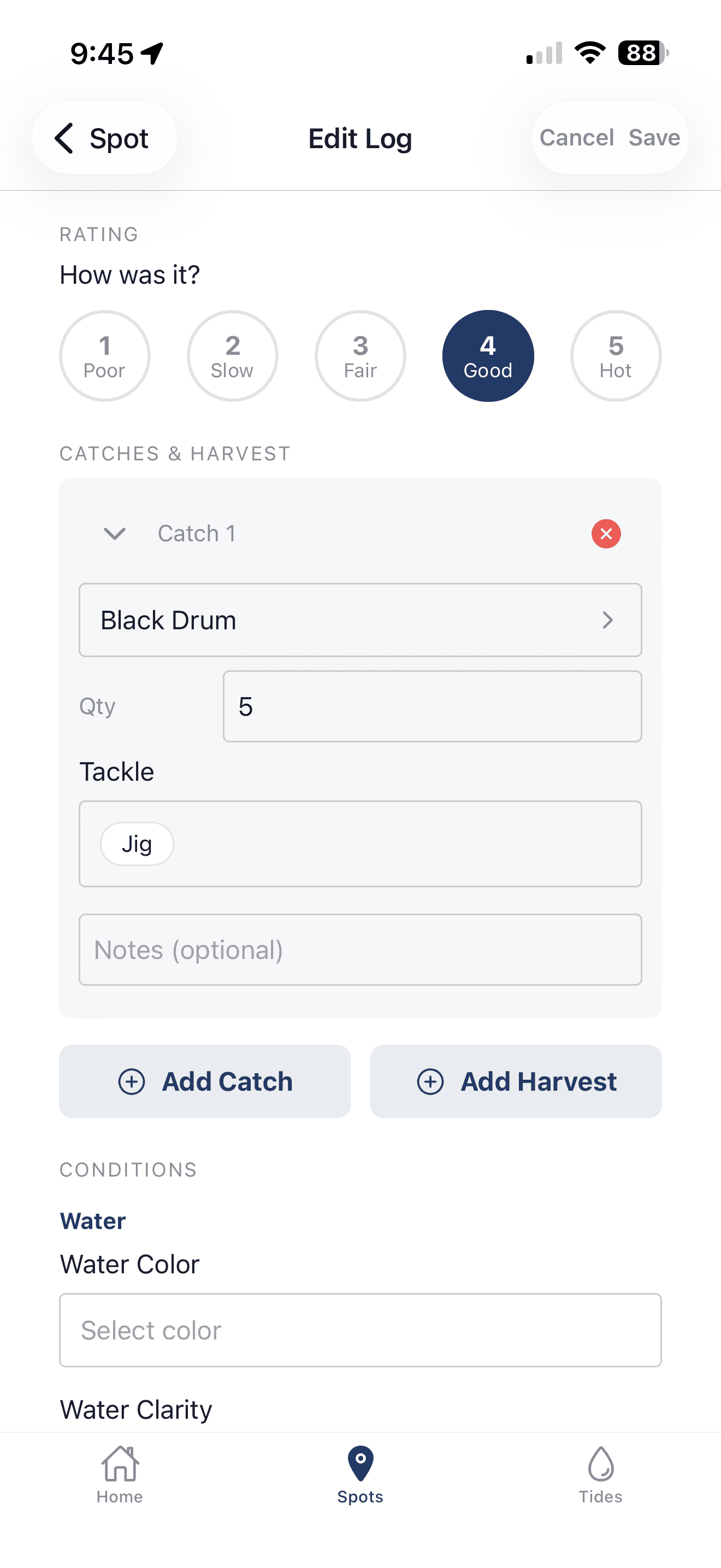 Inshore edit log screen with a catch entry for black drum tagged with the jig it was caught on