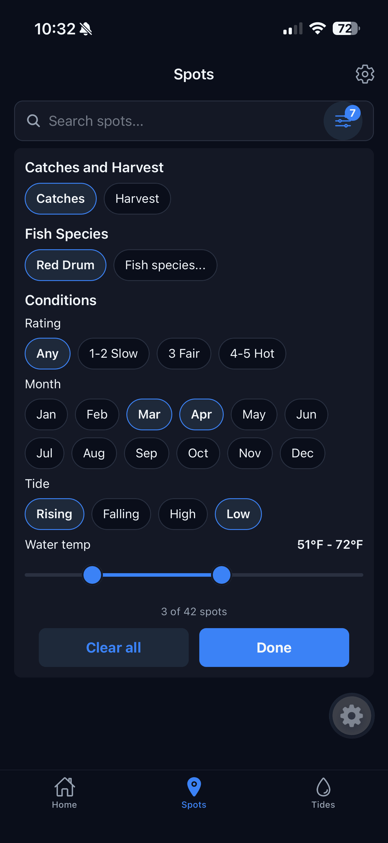 Inshore Spots filter panel with catches, species, month, tide and water temperature filters set, showing 3 of 42 spots