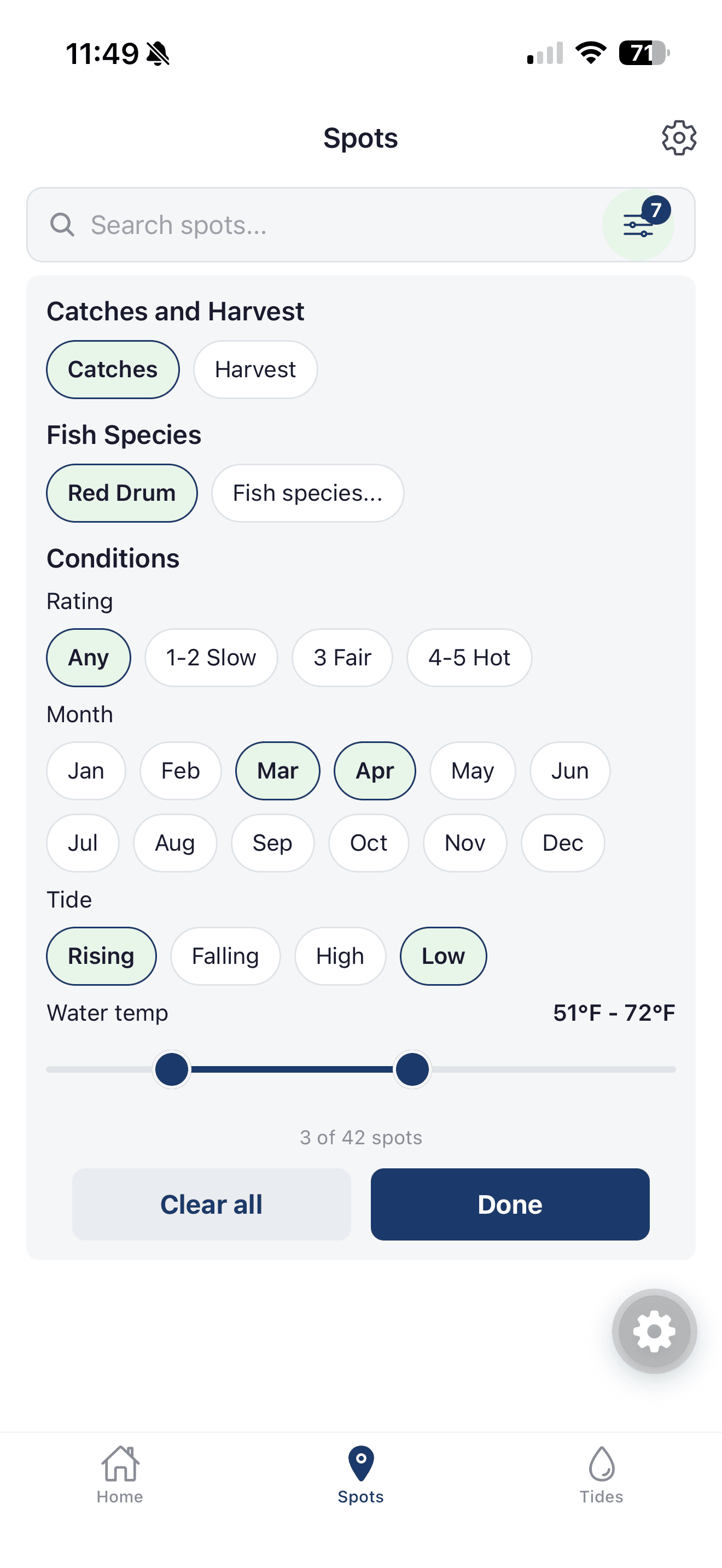 Inshore Spots filter panel with catches, species, month, tide and water temperature filters set, showing 3 of 42 spots